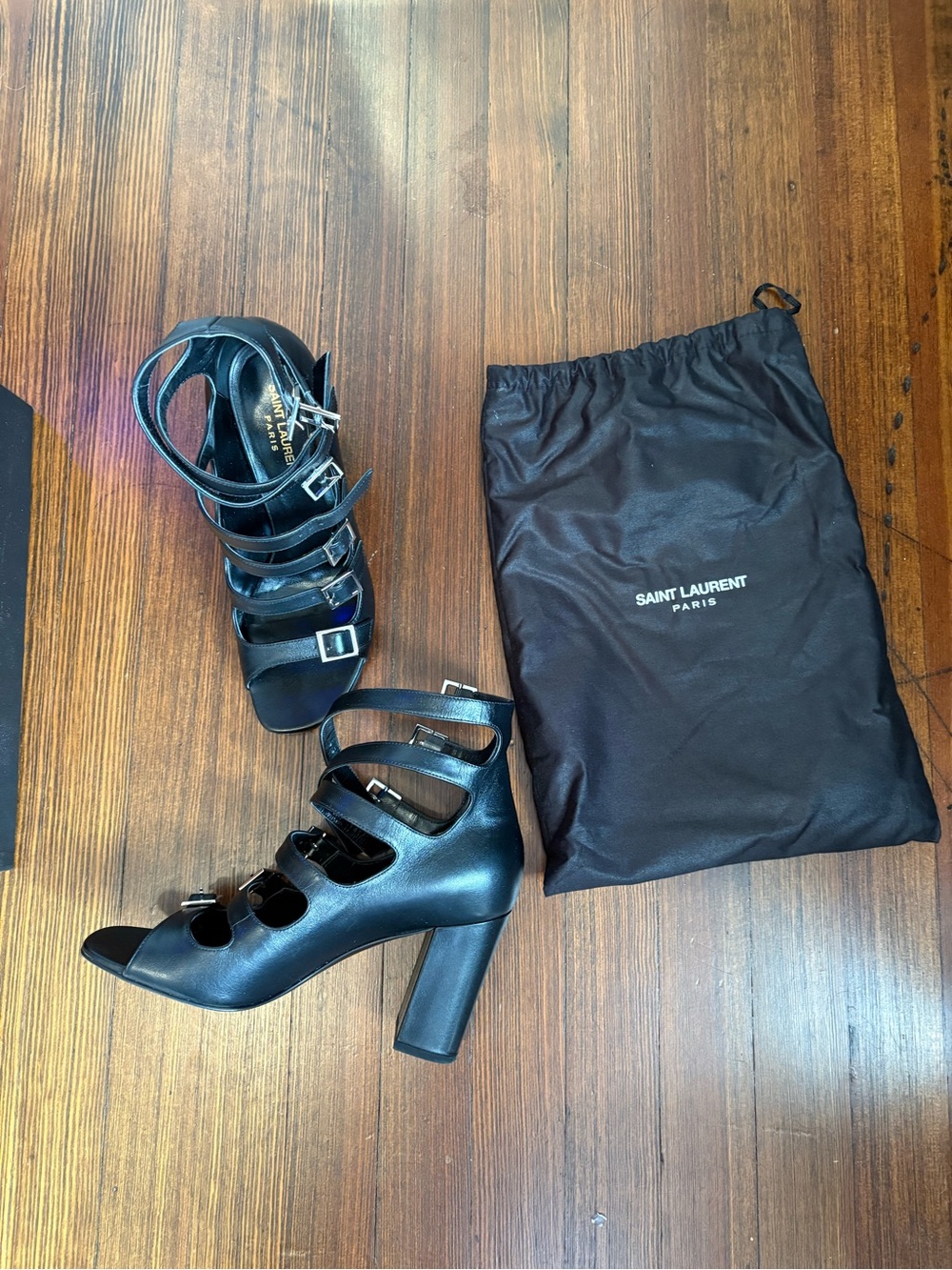 Saint Laurent Black Multi-Strap Block Heel Sandals